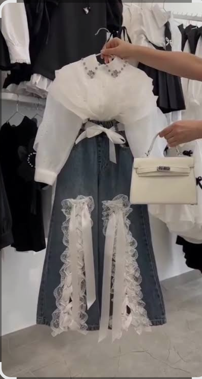 Kız Çocuk Dantelli Kot Pantolon Fırfırlı Gömlek